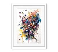 Artery8 Flower Bouquet Illustration over Watercolour Splat Artwork Framed Wall Art Print 18X24 Inch