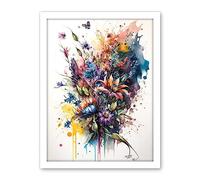 Artery8 Flower Bouquet Illustration over Watercolour Splat Artwork Framed Wall Art Print 18X24 Inch