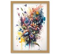 Artery8 Flower Bouquet Illustration over Watercolour Splat Artwork Framed Wall Art Print A4