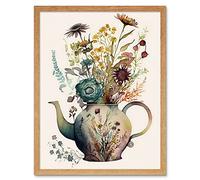 Artery8 Flower Bouquet in a Floral Pattern Ceramic Teapot Art Print Framed Poster Wall Decor 12x16 inch