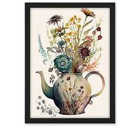 Artery8 Flower Bouquet in a Floral Pattern Ceramic Teapot Artwork Framed A3 Wall Art Print