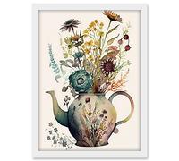 Artery8 Flower Bouquet in a Floral Pattern Ceramic Teapot Artwork Framed A3 Wall Art Print