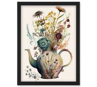 Artery8 Flower Bouquet in a Floral Pattern Ceramic Teapot Artwork Framed Wall Art Print A4 in Black Artery8 Black