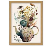 Artery8 Flower Bouquet in a Floral Pattern Ceramic Teapot Artwork Framed Wall Art Print A4 in Light Oak Artery8 Light Oak