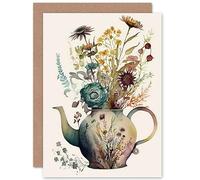 Artery8 Flower Bouquet in a Floral Pattern Ceramic Teapot Flowers Nature Birthday Sealed Greeting Card Plus Envelope Blank inside