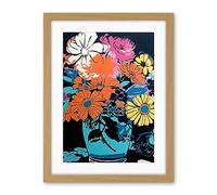 Artery8 Flower Bouquet in Vase Linocut Orange Yellow Blue Pink Floral Preppy Aesthetic Artwork Framed Wall Art Print 18X24 Inch
