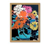 Artery8 Flower Bouquet in Vase Linocut Orange Yellow Blue Pink Floral Preppy Aesthetic Artwork Framed Wall Art Print 18X24 Inch