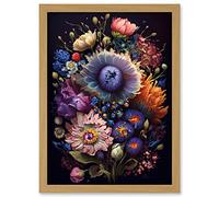 Artery8 Flower Bouquet Purple Pink Orange Floral Art Artwork Framed A3 Wall Art Print