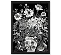 Artery8 Flower Bouquet Vase Black and White Blind Contour Artwork Framed A3 Wall Art Print