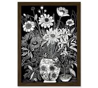 Artery8 Flower Bouquet Vase Black and White Blind Contour Artwork Framed A3 Wall Art Print