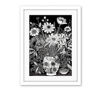 Artery8 Flower Bouquet Vase Black and White Blind Contour Artwork Framed Wall Art Print 18X24 Inch