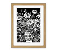 Artery8 Flower Bouquet Vase Black and White Blind Contour Artwork Framed Wall Art Print 18X24 Inch