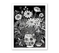 Artery8 Flower Bouquet Vase Black and White Blind Contour Artwork Framed Wall Art Print 18X24 Inch