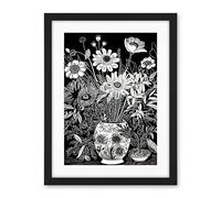 Artery8 Flower Bouquet Vase Black and White Blind Contour Artwork Framed Wall Art Print 18X24 Inch