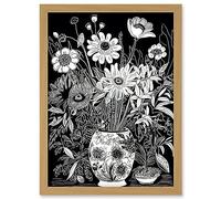 Artery8 Flower Bouquet Vase Black and White Blind Contour Artwork Framed Wall Art Print A4