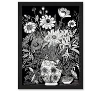 Artery8 Flower Bouquet Vase Black and White Blind Contour Artwork Framed Wall Art Print A4