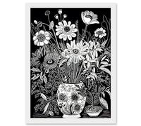 Artery8 Flower Bouquet Vase Black and White Blind Contour Artwork Framed Wall Art Print A4