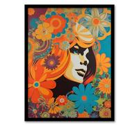 Artery8 Flower Portrait Retro Orange And Blue Abstract Portrait Vibrant Bold Bright Colourful Painting Artwork Framed Wall Art Print 18X24 Inch