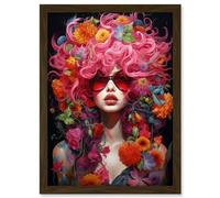 Artery8 Flowerpunk Woman with Pink Hair and Flowers Vibrant Artwork Orange Pink Blue on Black High Detail Portrait Artwork Framed A3 Wall Art Print