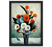 Artery8 Flowers Floral Display Bouquet Modern Abstract Teal Orange Artwork Framed Wall Art Print A4 in Black Artery8 Black