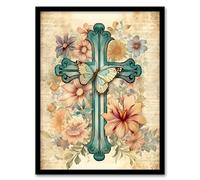 Artery8 Flowery Cross Upcycle Watercolour Painting Pastel Colour Flower Blooms and Butterfly Artwork Framed Wall Art Print 18X24 Inch