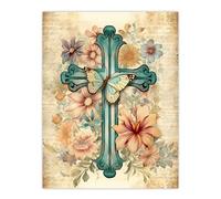 Artery8 Flowery Cross Upcycle Watercolour Painting Pastel Colour Flower Blooms and Butterfly Large Wall Art Poster Print Thick Paper 18X24 Inch