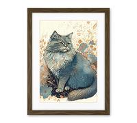 Artery8 Fluffy Cat in Wildflowers Teal and Orange Watercolour Illustration Artwork Framed Wall Art Print 18X24 Inch