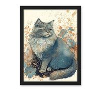 Artery8 Fluffy Cat in Wildflowers Teal and Orange Watercolour Illustration Artwork Framed Wall Art Print 18X24 Inch