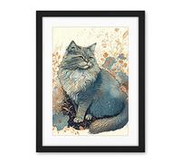 Artery8 Fluffy Cat in Wildflowers Teal and Orange Watercolour Illustration Artwork Framed Wall Art Print 18X24 Inch