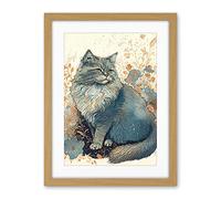 Artery8 Fluffy Cat in Wildflowers Teal and Orange Watercolour Illustration Artwork Framed Wall Art Print 18X24 Inch