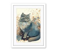 Artery8 Fluffy Cat in Wildflowers Teal and Orange Watercolour Illustration Artwork Framed Wall Art Print 18X24 Inch