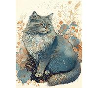 Artery8 Fluffy Cat in Wildflowers Teal and Orange Watercolour Illustration Large Wall Art Poster Print Thick Paper 18X24 Inch