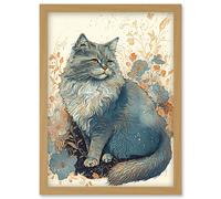 Artery8 Fluffy Cat in Wildflowers Teal and Orange Watercolour Illustration Artwork Framed Wall Art Print A4