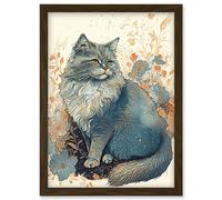 Artery8 Fluffy Cat in Wildflowers Teal & Orange Watercolour Illustration Artwork Framed Wall Art Print A4 in Brown Artery8 Brown