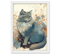 Artery8 Fluffy Cat in Wildflowers Teal & Orange Watercolour Illustration Artwork Framed Wall Art Print A4 in White Artery8 White