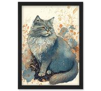 Artery8 Fluffy Cat in Wildflowers Teal & Orange Watercolour Illustration Artwork Framed Wall Art Print A4 in Black Artery8 Black