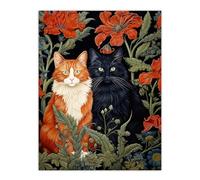 Fluffy Ginger And Black Flower Cats Amongst The Red Floral Blooms Modern Artwork Extra Large XL Unframed Wall Art Poster Print Artery8 Multi W24 inch x H32 inch
