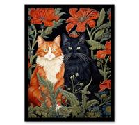 Artery8 Fluffy Ginger And Black Flower Cats Amongst The Red Floral Blooms Modern Artwork Framed Wall Art Print A4