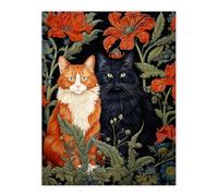 Artery8 Fluffy Ginger And Black Flower Cats Amongst The Red Floral Blooms Modern Artwork Large Wall Art Poster Print Thick Paper 18X24 Inch