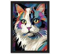 Artery8 Fluffy Ragdoll Cat Portrait Colourful Purple Blue Black Modern Flt Style painting Artwork Framed Wall Art Print A4