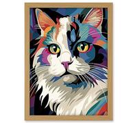 Artery8 Fluffy Ragdoll Cat Portrait Colourful Purple Blue Black Modern Flt Style Painting Artwork Framed A3 Wall Art Print