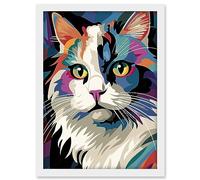 Artery8 Fluffy Ragdoll Cat Portrait Colourful Purple Blue Black Modern Flt Style Painting Artwork Framed A3 Wall Art Print