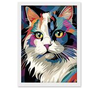 Artery8 Fluffy Ragdoll Cat Portrait Colourful Purple Blue Black Modern Flt Style painting Artwork Framed Wall Art Print A4