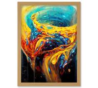 Artery8 Fluid Paint Liquid Spiral Mix Abstract Gold Red & Blue Artwork Framed Wall Art Print A4 in Light Oak Artery8 Light Oak