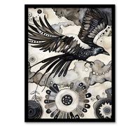 Flying Black Raven Painting Magic Mandala Dark Framed Art Print Artery8 Black A4