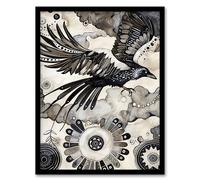Flying Black Raven Painting Magic Mandala Dark Framed Art Print Artery8 Black A4