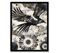 Artery8 Flying Black Raven Painting Magic Mandala Dark Wall Art Print - A4 Size