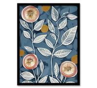 Artery8 Folk Art Flower Line Patterns Blue Pink Painting Bedroom Artwork Framed Wall Art Print A4