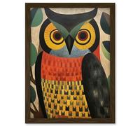 Artery8 Folk Art Geometric Owl Boho Colours Yellow Coral Green Bold but Subtle Artwork Framed A3 Wall Art Print