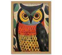 Artery8 Folk Art Geometric Owl Boho Colours Yellow Coral Green Bold but Subtle Artwork Framed A3 Wall Art Print